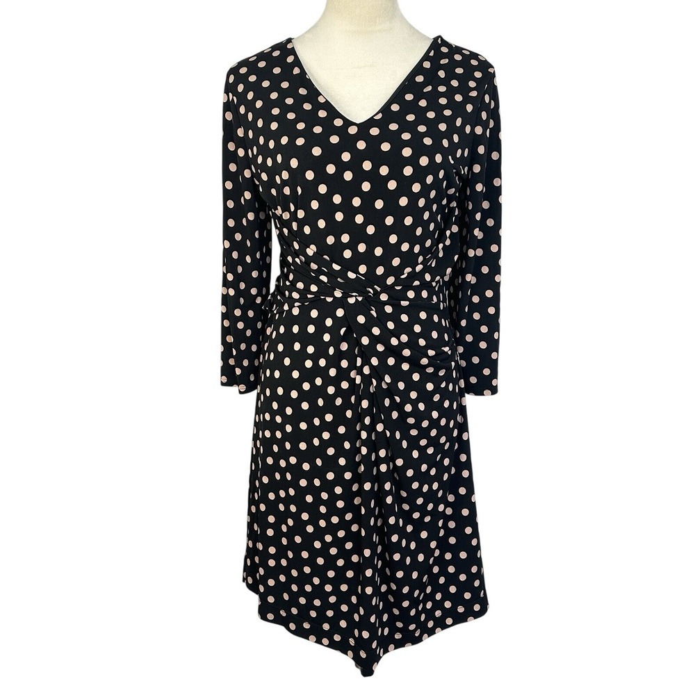 Black Polka Dot Faux Wrap Twist Front V-Neck Womens Dress Large Office Formal